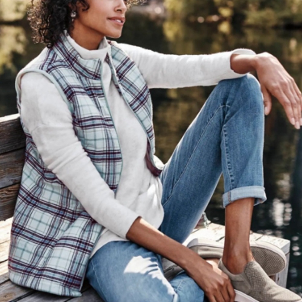 J. Jill Plaid Puffer Vest Full Zip Cotton Lightweight Layering White Jade L